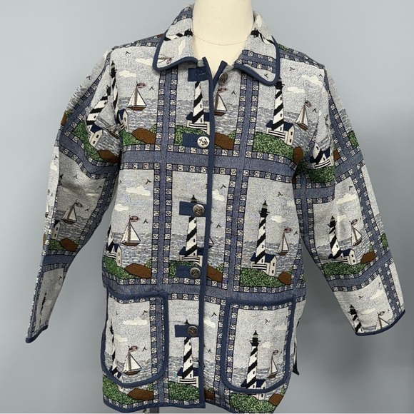 NWOT Blair Lighthouse Tapestry Chore Coat XL Sailboat Jacket Pockets Shacket Vtg - Picture 2 of 9